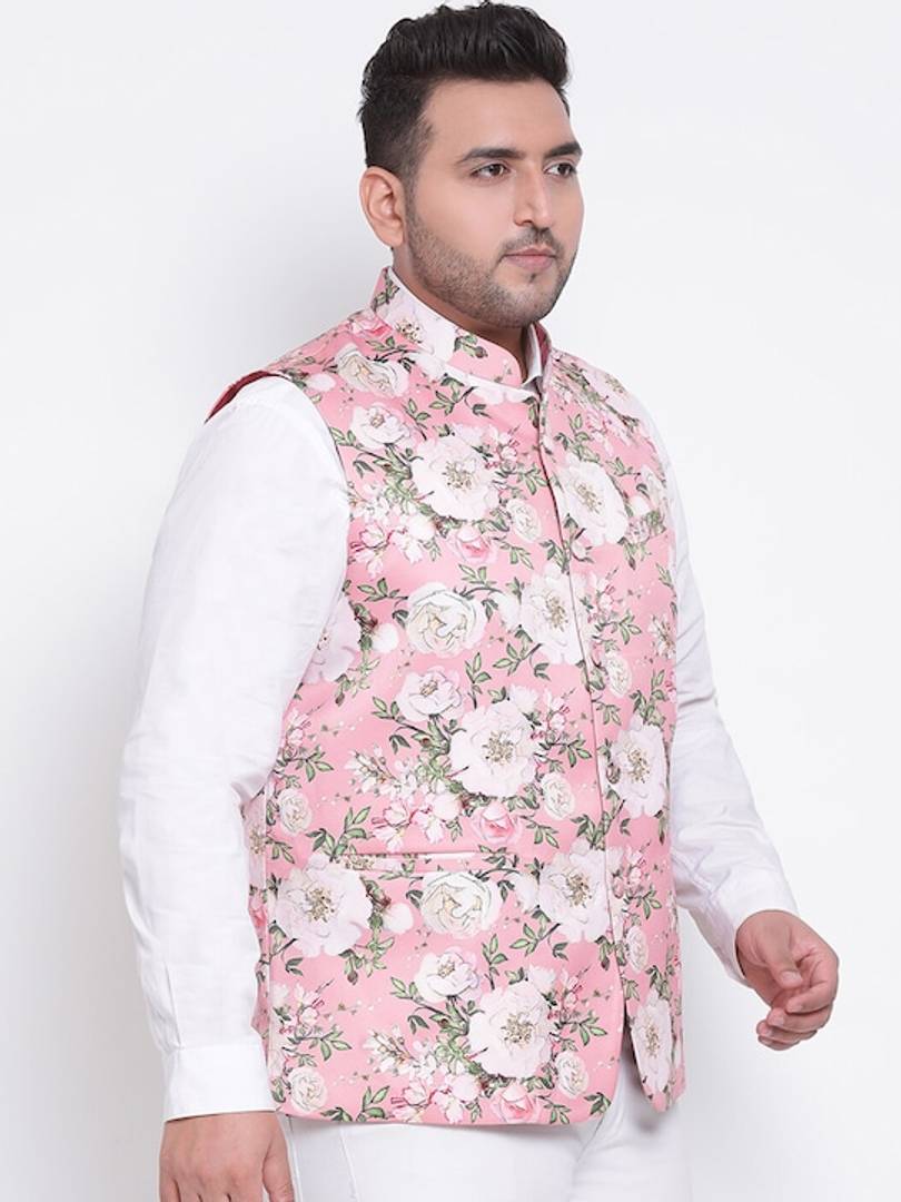 Men's Pink 
Cotton Blend
 Printed Nehru Jackets